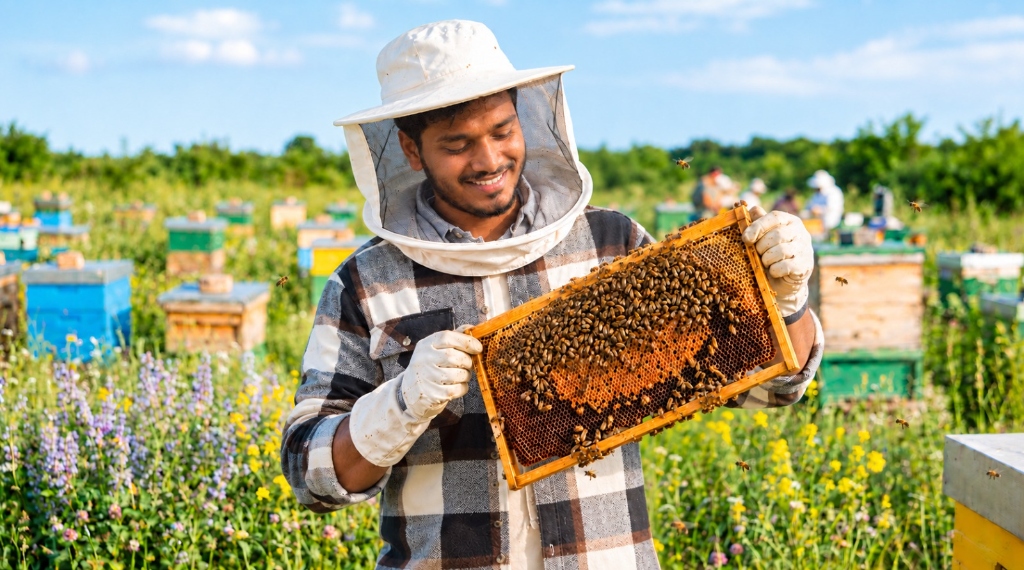 Beekeeper inspecting golden honeycomb